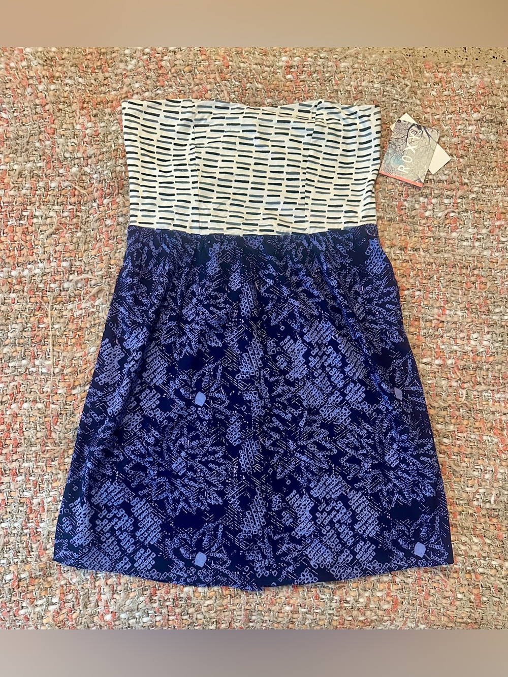 ROXY Strapless Geometric Off White & Navy Blue Dress Floral Skirt Size XL / NWT